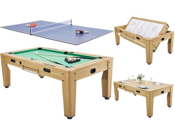 Table rotative Billard + Air Hockey + ping-pong et table bois clair 7FT