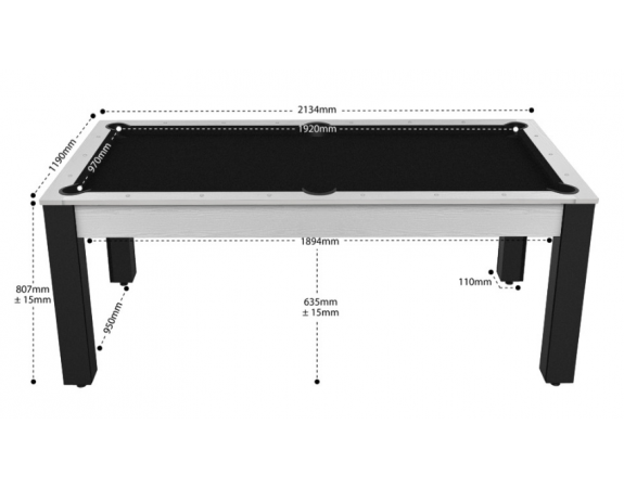 Billard Convertible Delhi Blanc Boisé pieds noirs 7FT