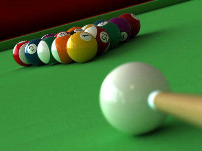 Cue De Billard Et Boules De Billard Dans Un Triangle Sur Une Table